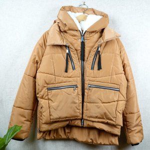 7 For All Mankind Thermal Puff Jacket Tan Sherpa Hood Size M NWT